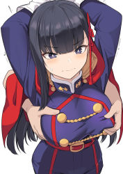 Rule 34 | 1girl, arms up, belt, black hair, blue eyes, blue jacket, blunt bangs, blush, grabbing another&#039;s breast, breasts, buttons, cape, disembodied hand, double-breasted, grabbing, grabbing from behind, jacket, large breasts, long hair, long sleeves, mato seihei no slave, red cape, shiseki hirame, sweatdrop, yamashiro ren