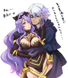 Rule 34 | 1boy, 1girl, armor, bad id, bad pixiv id, black armor, black panties, blue coat, blue eyes, blush, breasts, camilla (fire emblem), cleavage, coat, corset, dark skin, dark-skinned male, eyepatch, fire emblem, fire emblem fates, fujimaru (green sparrow), hand on another&#039;s chest, hand on another&#039;s face, hetero, hug, large breasts, long hair, long sleeves, niles (fire emblem), nintendo, panties, purple eyes, purple hair, silver hair, simple background, thighhighs, tiara, translation request, underwear, vambraces, very long hair, white background