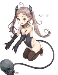 Rule 34 | 1girl, :d, ahoge, bad id, bad pixiv id, black legwear, breasts, cross, cross earrings, dated, detached collar, ear piercing, earrings, fang, full body, gauntlets, grey hair, highres, horns, jewelry, kittysuit, leotard, looking at viewer, nontraditional playboy bunny, nueat, open mouth, original, piercing, playboy bunny, purple eyes, skull, small breasts, smile, solo, tail, toeless legwear, twintails