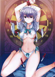 Rule 34 | 1girl, arms up, bare legs, bdsm, bondage, bound, breasts, cleavage, dartboard, female focus, grey hair, highres, izayoi sakuya, knife, legs, looking at viewer, maid headdress, no bra, no pants, non-web source, panties, pico (picollector79), planted, purple eyes, resized, scan, scanlines, short hair, sitting, solo, torn clothes, touhou, twintails, underboob, underwear, wariza, weapon, white panties