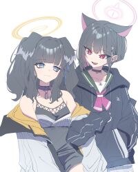 Rule 34 | 2girls, absurdres, animal ears, biohazard symbol, black camisole, black choker, black hair, black hoodie, black jacket, blue archive, blue eyes, camisole, cat ears, choker, closed mouth, collar, colored inner hair, dog ears, extra ears, hair ornament, hair ribbon, hairclip, halo, hand in pocket, hibiki (blue archive), highres, hood, hooded jacket, hoodie, jacket, jacket partially removed, kamiyama sumu, kazusa (blue archive), long sleeves, looking at another, multicolored hair, multiple girls, neckerchief, open clothes, open jacket, open mouth, pink eyes, pink hair, pink neckerchief, purple collar, red eyes, ribbon, sailor collar, school uniform, short hair, simple background, smile, two-tone hair, upper body, white background