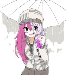 Rule 34 | #compass, 10s, 1girl, asymmetrical hair, beanie, brown skirt, commentary request, drill hair, grey background, grey eyes, hat, heart, heart necklace, holding, holding umbrella, hood, hoodie, jewelry, light purple hair, limited palette, long hair, looking at viewer, marking on cheek, megumegu, multicolored hair, necklace, open mouth, oversized zipper, partially unzipped, pink hair, poaro, single drill, skirt, smile, solo, striped, two-tone hair, umbrella, white umbrella