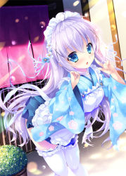 Rule 34 | 1girl, alternate costume, apron, blue eyes, blue flower, blue hair, blue kimono, blush, cherry blossoms, curtains, dutch angle, floral print, flower, frilled apron, frilled thighhighs, frills, gochuumon wa usagi desu ka?, hair between eyes, hair flower, hair ornament, hands up, japanese clothes, kafuu chino, kimono, leaning forward, long hair, looking at viewer, maid, maid headdress, matching hair/eyes, mikeou, open mouth, plant, pointing, pointing at self, short kimono, solo, standing, thighhighs, very long hair, wa maid, white flower, white thighhighs