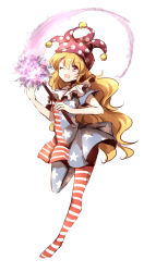 Rule 34 | 1girl, ;d, american flag dress, american flag legwear, blonde hair, clownpiece, collar, dena.ei, dress, frilled collar, frilled shirt collar, frills, hat, highres, jester cap, long hair, neck ruff, one eye closed, open mouth, pantyhose, red eyes, simple background, smile, solo, star (symbol), striped clothes, striped dress, striped pantyhose, torch, touhou, very long hair, white background