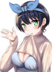 Rule 34 | absurdres, beige sweater, black hair, blue bow, blue bra, blush, bow, bra, breasts, cleavage, clothes in mouth, clothes lift, clothes pull, green eyes, hair between eyes, hair bow, hand up, highres, kanojo okarishimasu, large breasts, looking at viewer, mouth hold, sarashina ruka, shirousagi (sirousagi0501), shirt in mouth, short hair, simple background, sweater, sweater lift, turtleneck, turtleneck sweater, underwear, upper body, white background