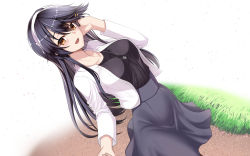 Rule 34 | 1girl, anchor necklace, black hair, black pantyhose, black shirt, breasts, brown eyes, grass, grey skirt, hair between eyes, hair ornament, hairband, hairclip, haruna (kancolle), highres, jacket, jewelry, kantai collection, long skirt, long sleeves, looking at viewer, medium breasts, necklace, official alternate costume, open mouth, pantyhose, park, shirt, skirt, smile, solo, utsumi karmin, white background, white hairband, white jacket