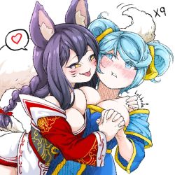 Rule 34 | 2girls, ahri (league of legends), animal ears, bare shoulders, blue hair, blush, bow, braid, breasts, facial mark, fox ears, hair bow, hatching (texture), heart, holding hands, interlocked fingers, kitsune, league of legends, light blue hair, lolboja, long hair, multiple girls, signature, simple background, slit pupils, sona (league of legends), speech bubble, tail, tongue, tongue out, twintails, upper body, whisker markings, white background, yellow eyes, yuri