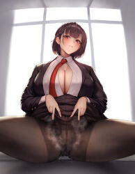 Rule 34 | 1girl, absurdres, black hair, black pantyhose, black skirt, blush, bra, breasts, brown hair, cleavage, clothes lift, clothes pull, collared shirt, crotch, dress shirt, gusset, highres, indoors, jacket, jinmeii, large breasts, lifting own clothes, long sleeves, looking at viewer, necktie, no bra, open clothes, open shirt, original, panties, pantyhose, parted lips, pleated skirt, purple eyes, red necktie, school uniform, shirt, short hair, sitting, skirt, skirt lift, skirt pull, smile, solo, spread legs, thighs, unbuttoned, underwear, uniform, white shirt, window