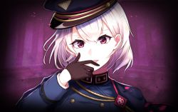 Rule 34 | 1girl, aohitsugi nemu, black gloves, gloves, hair between eyes, hat, highres, hypnosis mic, looking at viewer, military, military hat, military uniform, parted lips, portrait, purple background, red eyes, shireru illust, short hair, silver hair, solo, uniform