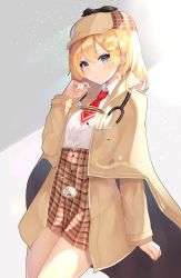 Rule 34 | 1girl, absurdres, blonde hair, blue eyes, blush, breasts, brown capelet, capelet, collared shirt, deerstalker, detective, hair ornament, hat, hat ribbon, high-waist skirt, highres, hololive, hololive english, huge filesize, long sleeves, looking at viewer, medium breasts, medium hair, mustache print, necktie, plaid, plaid skirt, pocket watch, red necktie, ribbon, shiina aoi, shirt, skirt, solo, stethoscope, virtual youtuber, watch, watson amelia, watson amelia (1st costume), white shirt