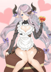 Rule 34 | 1girl, apron, black dress, blue eyes, blush, bow, box, braid, breasts, cleavage, cleavage cutout, closed mouth, clothing cutout, commentary request, curled horns, draph, dress, gift, gift box, granblue fantasy, hair bow, hair ornament, hair over one eye, head tilt, heart, heart-shaped box, heart cutout, heart hair ornament, holding, holding gift, horn bow, horn ornament, horns, long hair, long sleeves, looking at viewer, low tied hair, medium breasts, narmaya (granblue fantasy), narmaya (valentine) (granblue fantasy), pink background, purple bow, short dress, silver hair, single braid, sitting, sleeves past wrists, smile, solo, very long hair, white apron