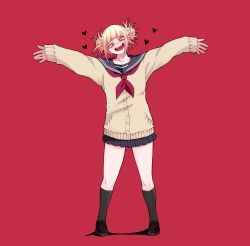 Rule 34 | 1girl, black socks, blonde hair, blue skirt, blunt bangs, blush, boku no hero academia, cardigan, double bun, fangs, full body, hair bun, heart, highres, kneehighs, loafers, messy hair, okumari, open mouth, outstretched arms, pleated skirt, red background, school uniform, serafuku, shoes, simple background, skirt, smile, socks, solo, spread arms, standing, toga himiko, yellow eyes