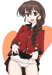 Rule 34 | 1girl, black skirt, braid, brown eyes, brown hair, clothes lift, cowboy shot, epaulettes, girls und panzer, gluteal fold, groin, hair ornament, hair over shoulder, hairclip, jacket, lifting own clothes, long hair, long sleeves, looking at viewer, lowleg, lowleg panties, military, military uniform, miniskirt, open mouth, panties, pleated skirt, red jacket, rukuriri (girls und panzer), rukuriritea, single braid, skindentation, skirt, skirt lift, smile, solo, st. gloriana&#039;s military uniform, standing, underwear, uniform, white panties