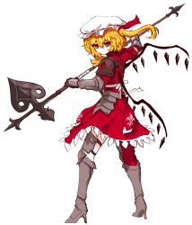 Rule 34 | 1girl, absurdres, alternate costume, armor, blonde hair, dress, flandre scarlet, full body, hat, highres, holding, holding weapon, mob cap, red dress, red eyes, shoulder armor, side ponytail, solo, tekaaluk, touhou, weapon, white background, white hat, wings