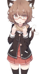 Rule 34 | 1girl, alternate costume, animal ear fluff, animal ears, bespectacled, black thighhighs, cat ears, cat tail, chen, earrings, fang, glasses, highres, jewelry, looking at viewer, miniskirt, multiple tails, nekomata, open mouth, red-framed eyewear, scarf, school uniform, semi-rimless eyewear, shone, short hair, simple background, single earring, skirt, solo, tail, thighhighs, touhou, two tails, under-rim eyewear, white background, zettai ryouiki