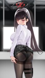 Rule 34 | 1girl, ass, black hair, black panties, black pantyhose, black skirt, blue archive, blunt bangs, breasts, clothes lift, from behind, hair ornament, hairclip, halo, highres, large breasts, long hair, long sleeves, looking at viewer, looking back, matrix16, miniskirt, panties, panties under pantyhose, pantyhose, pleated skirt, red eyes, ribbed sweater, ringed eyes, rio (blue archive), skirt, skirt lift, smile, solo, standing, sweater, thighband pantyhose, turtleneck, turtleneck sweater, underwear, very long hair, white sweater