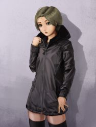 Rule 34 | 1girl, against wall, bad id, bad pixiv id, black jacket, brown hair, commentary request, completion time, cowboy shot, furukawa herzer, green eyes, hand up, highres, hood, hooded jacket, jacket, lips, looking at viewer, original, short hair, solo, thighhighs, thumb in pocket, wall, zettai ryouiki, zipper