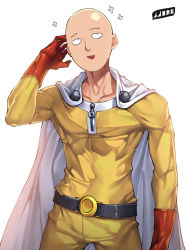 Rule 34 | 1boy, abs, bald, cape, gloves, hand on own head, jjune, male focus, muscular, one-punch man, open mouth, saitama (one-punch man), short hair, smile, solo, sparkle