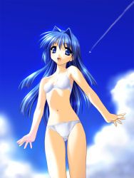 Rule 34 | 1girl, aircraft, airplane, beach, bikini, blue eyes, blue hair, blush, breasts, cloud, collarbone, contrail, cowboy shot, day, game cg, highres, kanon, long hair, looking at viewer, matching hair/eyes, minase nayuki, navel, norizou type-r, open mouth, outdoors, sky, small breasts, smile, solo, standing, swimsuit, white bikini