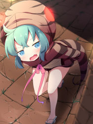 Rule 34 | &gt;:o, 10s, 1girl, :o, aqua hair, blue eyes, brick floor, commentary request, fang, from above, geta, hands in pockets, highres, hood, hoodie, kemono friends, leaning forward, looking at viewer, makuran, open mouth, pink ribbon, ribbon, snake tail, solo, striped tail, tail, tengu-geta, tsuchinoko (kemono friends), v-shaped eyebrows