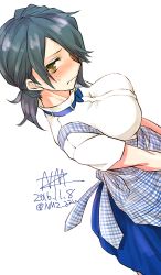 Rule 34 | 1girl, alternate costume, alternate hairstyle, apron, blue bow, blue bowtie, blush, bow, bowtie, breasts, commentary request, dated, dutch angle, gingham apron, kantai collection, kobeya, kobeya uniform, large breasts, looking at viewer, nmz (namazu), plaid, plaid apron, ponytail, purple hair, short hair, short ponytail, short sleeves, simple background, solo, tenryuu (kancolle), twitter username, waitress, wavy mouth, white background, yellow eyes