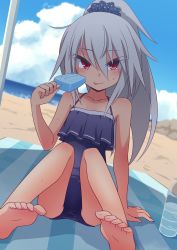 Rule 34 | 1girl, absurdres, barefoot, beach, blurry, blurry background, commentary, day, elena trafalgar, eyes visible through hair, feet, food, frilled swimsuit, frills, hair between eyes, highres, ikune juugo, long hair, looking at viewer, ocean, one-piece swimsuit, original, outdoors, ponytail, popsicle, red eyes, scrunchie, silver hair, sitting, solo, sweat, swimsuit, toes