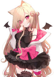 Rule 34 | 1girl, :c, absurdres, animal ears, argyle, bad id, bad pixiv id, bat wings, black choker, black skirt, black thighhighs, blush, bow, breasts, bridal garter, brown hair, cat ears, choker, closed mouth, cowboy shot, cross-laced clothes, floral print, frilled skirt, frills, frown, garter straps, hair over one eye, hair ribbon, hand on own cheek, hand on own face, hand up, high collar, highres, hinakano h, holding, holding hair, jacket, layered skirt, long hair, long sleeves, looking at viewer, multicolored hair, off shoulder, open clothes, open jacket, original, pink bow, pink eyes, pink hair, ribbon, shirt, simple background, skirt, sleeveless, sleeveless shirt, small breasts, solo, strap slip, streaked hair, thighhighs, very long hair, white background, white jacket, wings, zettai ryouiki