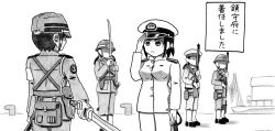 Rule 34 | 10s, artist request, buttons, comic, epaulettes, female admiral (kancolle), fujigakubou, gloves, greyscale, gun, hat, helmet, highres, kantai collection, long hair, military, military hat, military uniform, monochrome, multiple girls, naval uniform, peaked cap, rifle, salute, short hair, sword, translation request, uniform, weapon