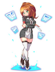 Rule 34 | 1girl, azure striker gunvolt, breasts, brown hair, contrapposto, cougar (cougar1404), crossed arms, crossed legs, graph (object), green eyes, head tilt, large breasts, long sleeves, miniskirt, monica (gunvolt), ponytail, simple background, skindentation, skirt, smile, standing, thighhighs, zettai ryouiki