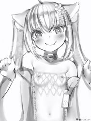Rule 34 | 1girl, ahoge, animal collar, animal ears, bad id, bad pixiv id, belt collar, blush, breasts, bright pupils, closed mouth, collar, fang, greyscale, hands up, head tilt, highres, long hair, looking at viewer, monochrome, nanashi (nlo), nipples, paw pose, sakuramu nana, simple background, skin fang, small breasts, smile, solo, twintails, upper body, virtual youtuber, white background, white pupils, zero project