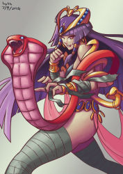 Rule 34 | 10s, 1girl, 2014, cobra (animal), dated, earrings, fighting stance, jewelry, long hair, lutherniel, monster girl encyclopedia, monster girl encyclopedia ii, pharaoh (monster girl encyclopedia), purple hair, red eyes, sidelocks, signature, snake, solo, thighhighs, undead, very long hair