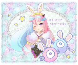 Rule 34 | 1girl, alternate costume, animal ears, bad id, bad pixiv id, blue hair, closed mouth, commentary request, creatures (company), eyelashes, framed, fur scarf, game freak, gloves, grey gloves, hand up, happy new year, iono (pokemon), japanese clothes, kimono, long hair, looking at viewer, new year, nintendo, one eye closed, pink hair, pokemon, pokemon sv, purple eyes, rabbit ears, sanyaso, smile, solo, star (symbol), upper body, yellow kimono