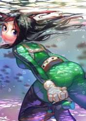 Rule 34 | 10s, 1girl, absurdres, ass, asui tsuyu, black eyes, black hair, bodysuit, boku no hero academia, breasts, clivef, frog girl, gloves, green bodysuit, highres, long hair, smile, solo