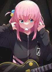 Rule 34 | 1girl, black jacket, bocchi the rock!, closed mouth, cube hair ornament, gotoh hitori, gradient background, green eyes, guitar, hair ornament, highres, instrument, jacket, long hair, long sleeves, looking at viewer, mouth hold, one side up, pink hair, reikakrzk, solo, upper body, zipper