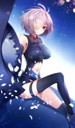 Rule 34 | &gt;:(, 1girl, absurdres, ahoge, armor, armored dress, armpit peek, bad id, bad pixiv id, baocaizi, bare shoulders, black thighhighs, breasts, closed mouth, elbow gloves, fate/grand order, fate (series), from side, frown, gloves, hair over one eye, highres, knee up, large breasts, light purple hair, looking at viewer, looking to the side, mash kyrielight, navel, petals, purple eyes, shield, short hair, sitting, solo, thighhighs, v-shaped eyebrows
