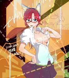 Rule 34 | 00s, 1girl, animal ears, blue eyes, blush, breasts, brown hair, carlos toshiki, cat ears, cat girl, censored, evangelion: 2.0 you can (not) advance, face, female focus, glasses, hairband, highres, interface headset, long hair, makinami mari illustrious, neon genesis evangelion, open clothes, open shirt, ponytail, rebuild of evangelion, school uniform, shirt, skirt, solo, tongue, tongue out