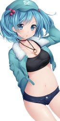 Rule 34 | 1girl, alternate costume, arm behind back, arm behind head, between breasts, black bra, blue eyes, blue hair, bra, breasts, cleavage, collarbone, cropped jacket, hair bobbles, hair ornament, hat, highres, jacket, jewelry, kawashiro nitori, key, long sleeves, looking at viewer, matching hair/eyes, midriff, nanamiya, navel, necklace, open clothes, open jacket, open mouth, short shorts, shorts, simple background, solo, sports bra, touhou, twintails, two side up, underwear, white background