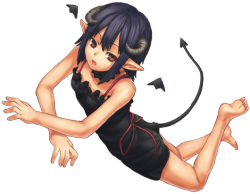 Rule 34 | 1girl, barefoot, blue hair, brown eyes, camisole, demon girl, demon tail, detached wings, feet, horns, lying, on stomach, open mouth, original, pointy ears, short hair, shouhei, simple background, solo, tail, white background, wings