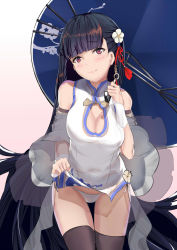 Rule 34 | 1girl, armlet, azur lane, bare shoulders, black hair, black thighhighs, blush, breasts, bridal gauntlets, china dress, chinese clothes, cleavage, cleavage cutout, clothes lift, clothing cutout, covered navel, cowboy shot, detached sleeves, dress, dress lift, hair ornament, head tilt, highres, holding, kanzashi, large breasts, long hair, looking at viewer, oil-paper umbrella, panties, pantyshot, red eyes, schreibe shura, smile, solo, standing, thigh gap, thighhighs, thighs, umbrella, underwear, white panties, yat sen (azur lane)