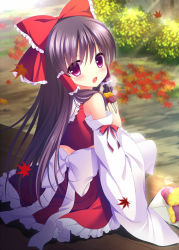Rule 34 | 1girl, black hair, bow, day, detached sleeves, hair between eyes, hair bow, hakurei reimu, leaf, long hair, looking at viewer, looking back, open mouth, outdoors, purple eyes, red bow, red ribbon, red shirt, red skirt, ribbon, ribbon-trimmed sleeves, ribbon trim, shibainu niki, shirt, sitting, skirt, solo, touhou, very long hair, white bow