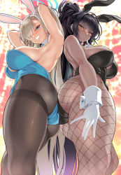 Rule 34 | 2girls, animal ears, armpits, ass, ass-to-ass, asuna (blue archive), asuna (bunny) (blue archive), black hair, blonde hair, blue archive, blue eyes, blush, breasts, cle masahiro, dark-skinned female, dark skin, fake animal ears, fishnets, gloves, hair over one eye, highres, karin (blue archive), karin (bunny) (blue archive), large breasts, leotard, long hair, multiple girls, official alternate costume, paid reward available, pantyhose, playboy bunny, rabbit ears, rabbit girl, shiny pantyhose, simple background, sweat, thighband pantyhose, very long hair, white background, yellow eyes