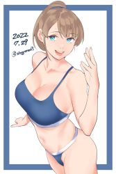 Rule 34 | 1girl, blue bra, blue eyes, blue panties, bra, breasts, brown hair, cowboy shot, dated, highres, intrepid (kancolle), kantai collection, large breasts, one-hour drawing challenge, panties, ponytail, shingyou (alexander-13), short hair, solo, sports bra, standing, twitter username, underwear, underwear only