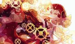 1girl, backlighting, bangs, bloom, character request, dress, elbow gloves, floating hair, gears, gloves, hair between eyes, hat, hibi89, lens flare, long hair, merc storia, red dress, red gloves, red headwear, short sleeves, solo, symbol-shaped pupils, very long hair, white hair, yellow eyes