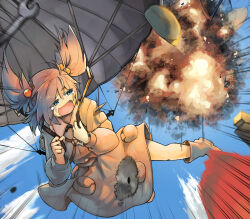 Rule 34 | 1girl, blue hair, blue shirt, blue skirt, blue sky, circular saw, cloud, commission, emphasis lines, explosion, full body, ginnkei, hair bobbles, hair ornament, highres, kawashiro nitori, key, long sleeves, looking back, open mouth, outdoors, parachute, saw, shirt, short hair, skeb commission, skirt, sky, solo, tearing up, touhou, two side up, wrench