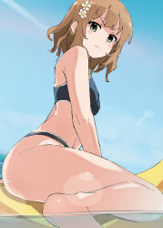 Rule 34 | 1girl, absurdres, banana boat, barefoot, bikini, black bikini, blush, breasts, brown hair, closed mouth, commentary request, day, feet out of frame, flower, frown, green eyes, hair flower, hair ornament, highres, idolmaster, idolmaster million live!, lens flare, light brown hair, outdoors, partially underwater shot, rauto, riding, short hair, sitting, sky, small breasts, solo, suou momoko, swimsuit, thighs, v-shaped eyebrows, water