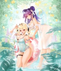 Rule 34 | 2girls, arm strap, bare shoulders, blonde hair, blush, breasts, cleavage, closed mouth, food, fruit, full body, hair intakes, hair ornament, highres, innertube, lemon, long hair, looking at viewer, multiple girls, obiwan, one-piece swimsuit, original, parted lips, purple eyes, purple hair, red eyes, signature, smile, standing, swim ring, swimsuit, thigh strap, thighs, weisuoxin, white one-piece swimsuit