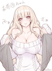 Rule 34 | 1girl, bare shoulders, blonde hair, blush, breasts, character name, cleavage, collarbone, head tilt, large breasts, long hair, long sleeves, looking at viewer, off-shoulder, off-shoulder sweater, original, parted lips, pink eyes, sidelocks, solo, suzuneko (yume no kyoukai), sweater, translation request, twitter username, upper body, white background