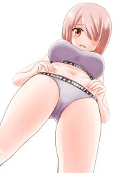 Rule 34 | 1girl, belly, belly grab, blush, bra, breasts, brown hair, cameltoe, from below, hair over one eye, highres, hoshino miyako (wataten), large breasts, looking at viewer, looking down, navel, nzack, open mouth, panties, red eyes, simple background, solo, sports bra, sweat, tears, underwear, underwear only, watashi ni tenshi ga maiorita!, weight conscious, white background