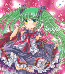 Rule 34 | 1girl, bare shoulders, beamed eighth notes, beamed sixteenth notes, blush, bow, bowtie, closed mouth, detached sleeves, eighth note, frilled skirt, frilled thighhighs, frills, green eyes, green hair, hand in own hair, hatsune miku, long hair, looking at viewer, marker (medium), musical note, pink background, purple skirt, purple sleeves, purple thighhighs, quarter note, red bow, red bowtie, red ribbon, ribbon, rui (sugar3), sample watermark, shirt, skirt, sleeve ribbon, sleeveless, sleeveless shirt, sleeves past wrists, smile, solo, tattoo, thighhighs, traditional media, vocaloid, watermark, white shirt, wide sleeves, zettai ryouiki
