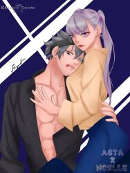 Rule 34 | 1boy, 1girl, asta (black clover), bad tag, black clover, blue pants, chest showing, green eyes, green hair, hair ribbons, hand on back, hand on chest, headband, holding girl, lipstick, lipstick mark, makeup, noelle silva, pants, purple eyes, shirt, silver hair, twintails, yellow shirt